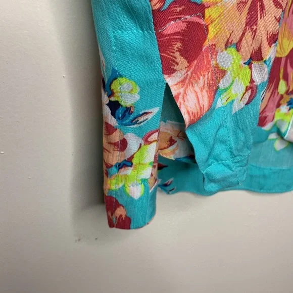 ANA Oversized Button Up Shirt Aqua & Peach Floral Hawaiian Dolman Sleeve Medium - Picture 6 of 14